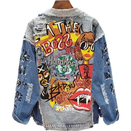 Streetwear Fashion Letter Graffiti Print Denim Jacket Women Holes Splicing Outerwear Loose Long Sleeve Jeans Jacket Coat Female
