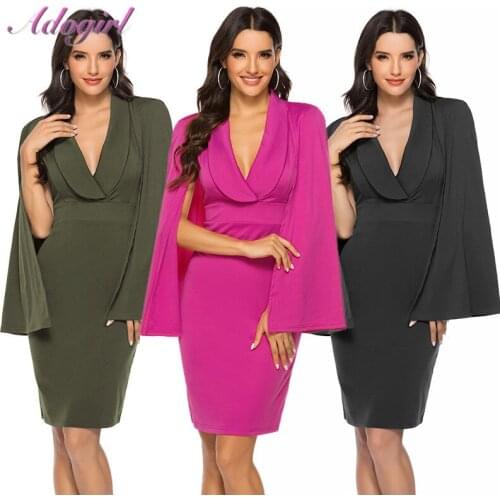 Elegant Solid Deep V Neck Batwing Sleeve Cloak Wrap Bodycon Midi Dress Women Casual OL Office Ladies Dresses Party Club Vestidos