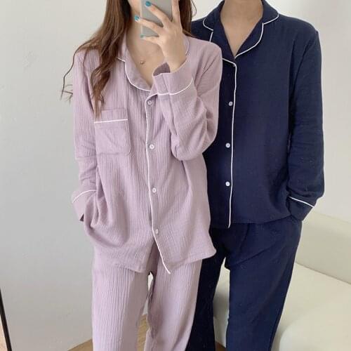 Sleepwear Couple Pajamas Set Simple Solid Color Korean Shirt Style Autumn Long-sleeved Home Wear Women/men Pajama Two-piece Set