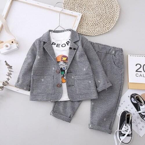 Autumn Gentleman Cotton Suit Children Baby Clothes Kids Boy Plaid wedding suit T Shirt Pants 3Pcs/sets Toddler Leisure suit set