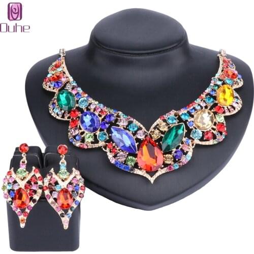 Romantic Teardrop Rhinestone Crystal Jewelry Sets Necklace Earrings African Beads Jewelry Sets Wedding Jewelry 6 Colors