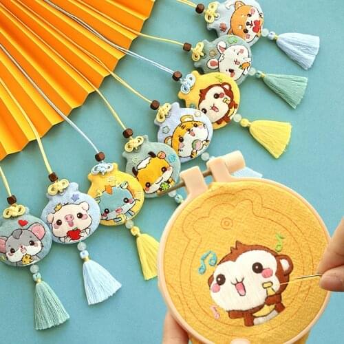 Chinese Zodiac Signs Needlework DIY Embroidery Keychain Omamori Pendant Protective Talisman Girl Handmade Jewelry Llaveros
