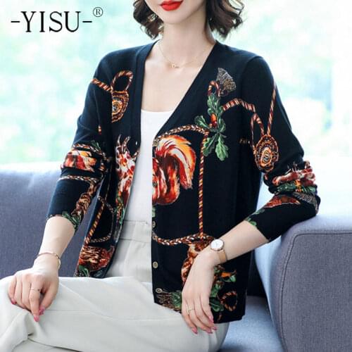 YISU Loose Womens clothing Cardigan Sweater Long Sleeve V-neck Knitted Sweater Coat Fashion printing sweater cardigan Jacke
