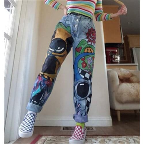 Women’s Hight Waist Cartoon Printed Y2K Jeans Atumn Winter Harem Pant Trousers Single Breasted Plus Size Female Denim Jeans