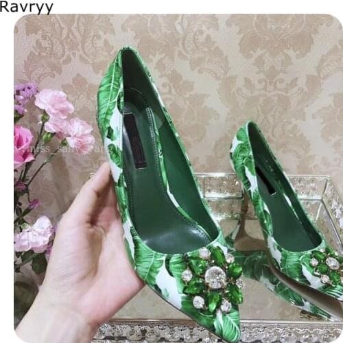 Green Crystal womans high heels leaf print female dress shoes rhinestone sexy pumps pointed toe stiletto slip-on single shoes