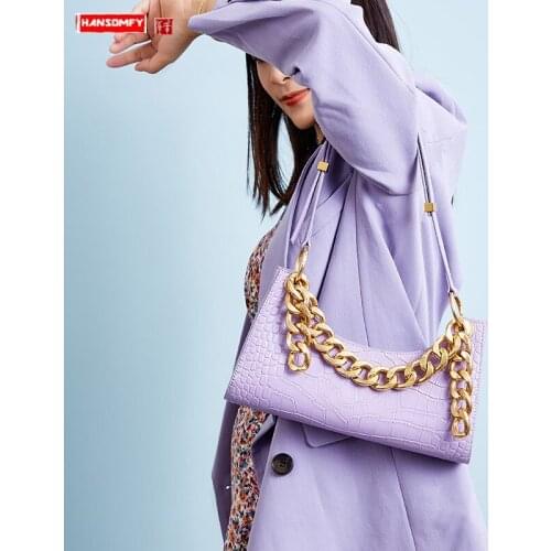 Genuine Leather Cowhide Women Handbags Underarm Bag New Female Thick Chain Shoulder Evening Bags Crocodile Pattern Portable Bags