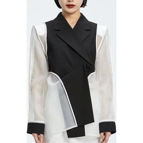 Fashion small fragrance elegant mesh stitching ol blazer women irregular summer long sleeve small suit