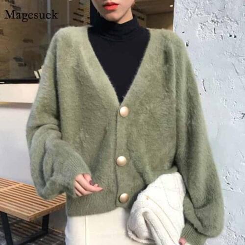 Women 2020 Winter V-neck Knitted Jumper Cardigan Sweaters Elegant Lantern Sleeve Imitation Mink Jacket Lazy Loose Sweater 11635