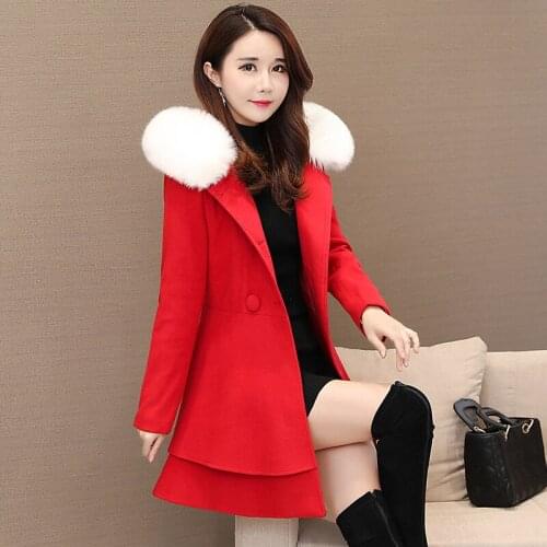 Autumn Winter Womens Korean Single-breasted Wool Coat Elegant Slim Fit Solid Hooded Woolen Coats Woman Warm Overcoat Red White