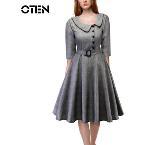 OTEN Women Dress Autumn Elegant A-Line Ruffle Vintage Plaid Belt Lace up Knee-Length Half Sleeves Peter Pan Collar Party Плать