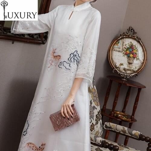 Chinese Brand Top Quality 2020 Summer Women Cute Animal Embroidery Patterns 3/4 Sleeve Mid-Calf Length Orange White Dress