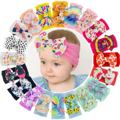 20Pcs/Lot 5 Inch Large Tied Printed Bow With Soft Nylon Heabdnad Baby Hairbow Headwrap Fashion Turban Hair Accessories