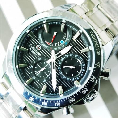 Forsining Men Automatic Mechanical Watches Black Silver Stainless Steel Date Power Reserve Design Watch For Men Luminous Clock