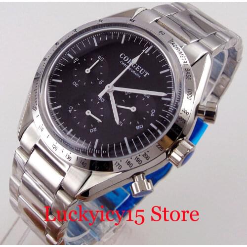 CORGEUT Silver Bezel VK QUARTZ Men Watch Chronograph 24 Hours Push Button Mineral Glass Steel Bracelet