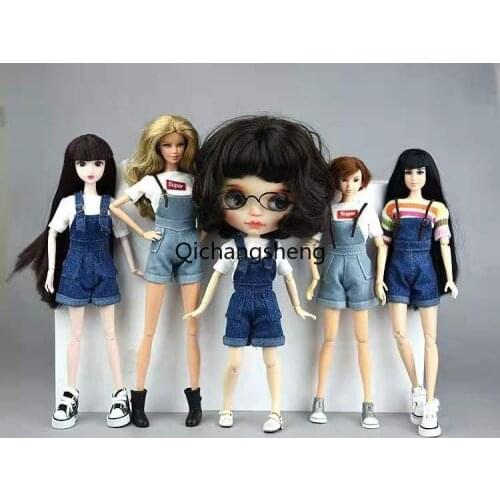 Denim Jeans Bib Pants 11.5" Doll Clothes for Barbie Clothes Princess Outfits Suspender Trousers for Blythe Doll Accessories 1/6