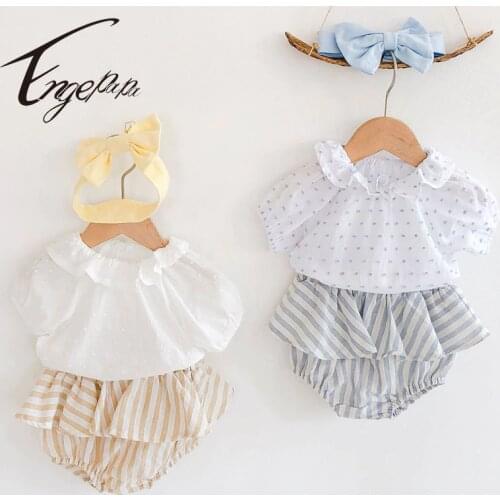 Engepapa Korean Style Baby Girls Clothes Set Lotus Collar Tops+Striped Shorts Skirt+Hair Band Summer Toddler Girls Clothing Sets