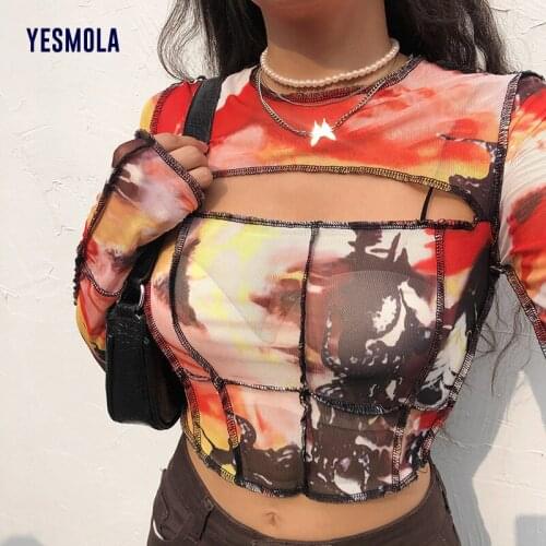 YESMOLA Retro Street Style Y2K T-shirts Autumn Mesh Short Navel Exposed Long Sleeve T-shirt Printed Hollow out Dense Edge Top