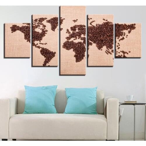 Canvas Pictures Home Decor For Living Room Wall Art Framework 5 Pieces Coffee Beans World Map Paintings Modern HD Prints Posters