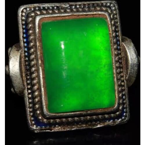 Collection Chinese old Tibetan silver cloisonne inlaid green stone jade square ring ornament
