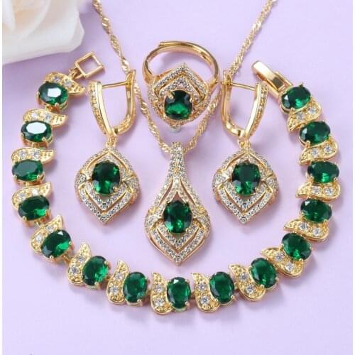 African Green Cubic Zirconia Jewelry Set With Necklace And Earrings Elegant Women Costume Bracelet And Ring Sets