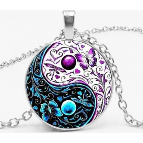 HOT! 3 Colors Tibet Cabochon Glass Pendant Chain Necklace Ying Yang Butterfly Gifts for Men and Women