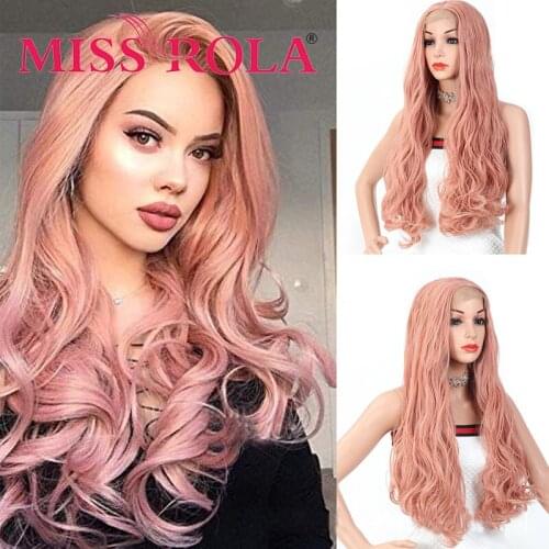 MISS ROLA Pink Wig Long Wavy Synthetic Lace Front Wig Heat Resistant Fiber Glueless Front Lace Wigs for Women Fake Hair