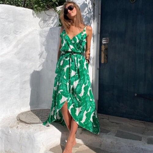 Fashion Women Sleeveless Print Boho Dress Bandage V neck Beach Summer Dress Club Party Sexy Long Maxi Dresses