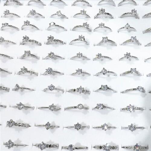 50pcs/pack Silver Plated Mixed Pattern Clear Zircon Finger Ring Cheap Fashion Rings
