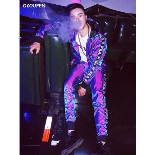 Nightclub Bar DJ Male singer DS Blue Purple flash Suit Hip Hop Baseball Costumes Stage performance dance clothing set