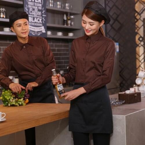 Wholesale Cafeteria Work Shirt and Apron Set Hotel Waiter Long Adjusted Sleeve Uniform Beer Bar Waitress Clothing Free Shipping