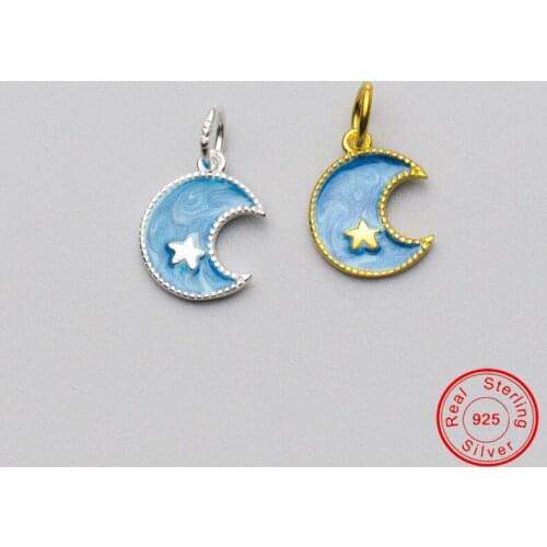 UQBing 100% Pure 925 Sterling Silver Epoxy Enamel Blue Moon & Star Pendant Charms Women DIY Jewelry Making Findings