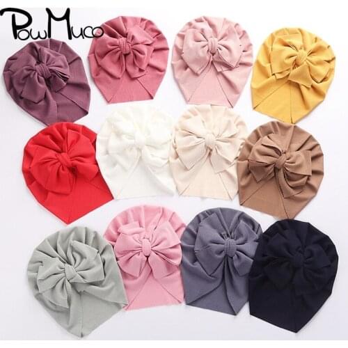 Powmuco 17.5*20.5 CM Solid Color Striped Bowknot Newborn Hat Comfortable Soft Baby Girl Beanie Caps Cute Bows Headwear Kids Gift