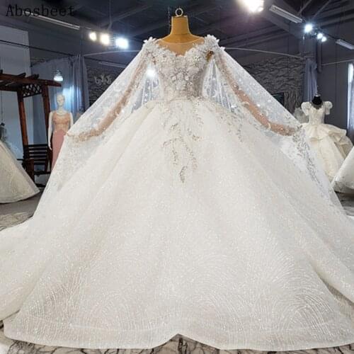 Puffy Gown Shiny Wedding Dress 2021 3D Flowers Fancy Beading Top Elegant 200CM Train Wedding Gown Bridal Dress Luxury
