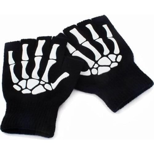 Warm Knitting Gloves For Adult Solid Acrylic Half Finger Glove Human Skeleton Head Gripper Print Cycling Non-slip Wrist Gloves