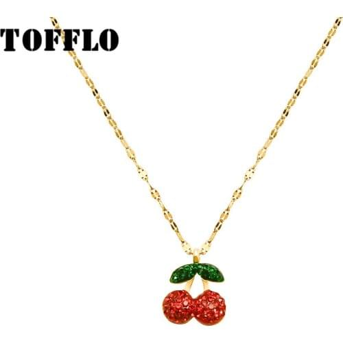 TOFFLO Stainless Steel Jewelry Red And Green Zircon Cherry Pendant Necklace With Sky Star Clavicle Chain BSP605