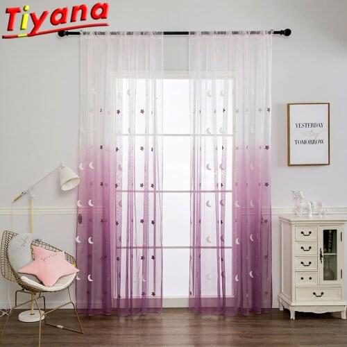 Embroidery Star Moon Tulle Curtains for Living Room Childrens Cartoon Purple Gradient Curtains Cute Stars Gauze for Babys Room
