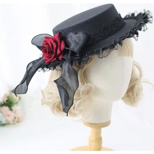 Retro Girl Lolita Lace Flower Rose Hat Gorgeous Elegant Tea Party Flat Cap Gothic Hat B1747