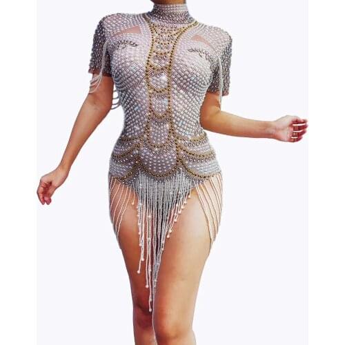 Vintage Pearls Rhinestone Party Bodysuits Stretch Fringes Crystal Leotard Women Stage Dance Costume Showgirl Performance Clothes