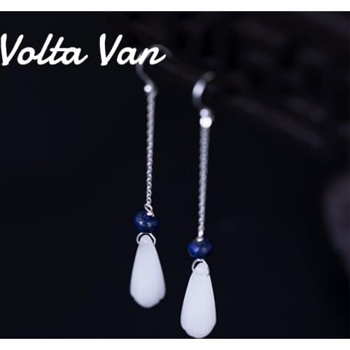 Volta Van Vintage Drop Earrings 925 Sterling Silver Pendientes Plata Orchid White Jade Elegant 2021 New Handmade Casual Earrings