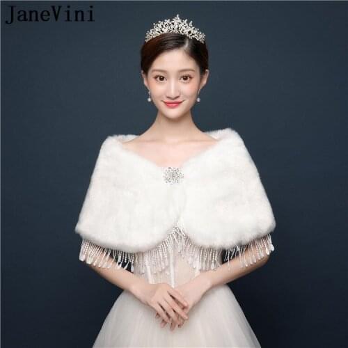 JaneVini Beaded Pin Faux Fur Bolero Shawl Wedding Jackets 2020 Faux Fur Bolero Bridal Capes Wraps Stoles chale femme mariage