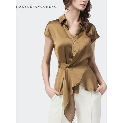 Women Summer Satin Tops 2021 New Fashion Brown Short Sleeve V-Neck Lacing Shirt Soft Smooth Irregular Female Casual Blouses