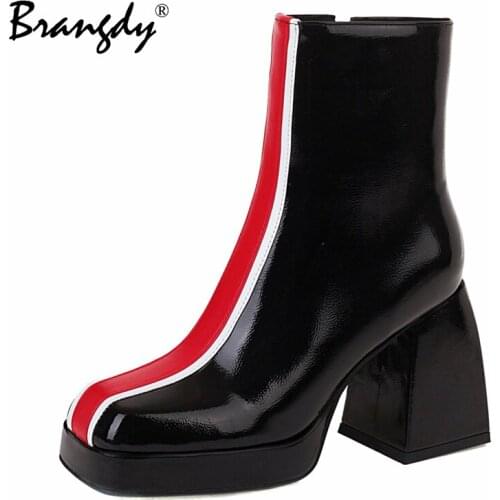 Brangdy Women Ankle Boots Platform Thick High Heel Ladies Modem Boots PU Leather Mixed Color Side Zipper Women Dress Boots