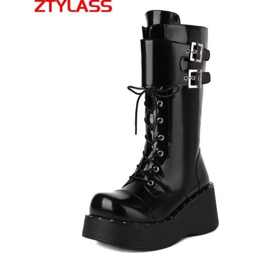 Fashion Black Platform Women Boots Wedges High Heel Mid Calf Boots Buckle Zipper Autumn Winter Woman Boots Shoes Big Size 42 43
