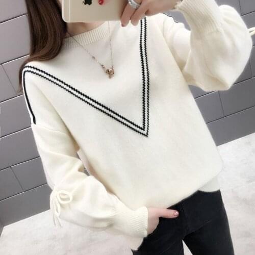 Woman Sweaters Chandails Low-Neck Sweater Womens Bowknot Loose Knitwear Top for Women Autumn and Winter