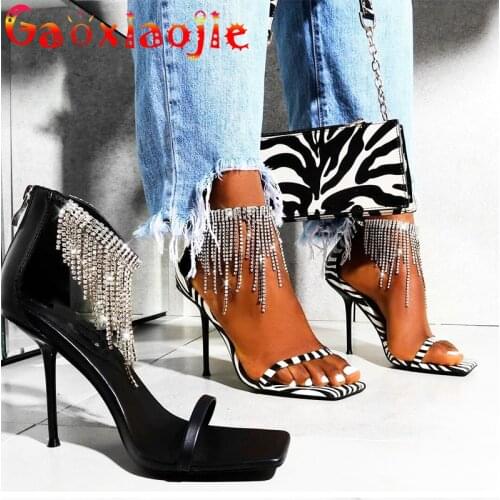 Gaoxiaojie 2021 New Summer Women Shoes Shiny Rhinestone Tassel Fine High Heel Shoes Sexy Black And Zebra Office Party Sandals