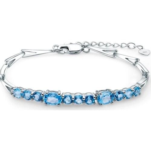 GEMS BALLET Classic 925 Sterling Silver 4.94Ct Round Natural Swiss Blue Topaz Tennis Link Bracelet For Women Soild Fine Jewelry