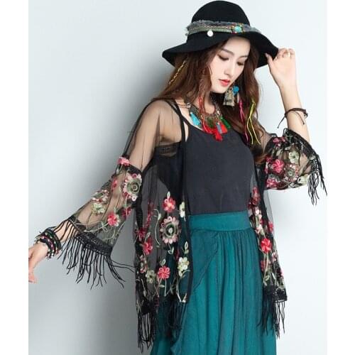 2020 Women Cardigan Vintage Floral Embroidery Clothing Loose Outdoor Tassels Shirt Coat Open Stitch Female Tops Trench