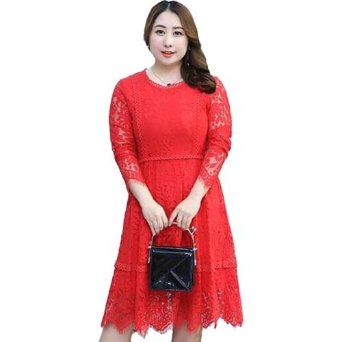 Lace Dress Women 2019 Spring Summer Plus size 4XL Long sleeve Hollow Fashion Lace Dresses Korean version Female Black Red Yellow