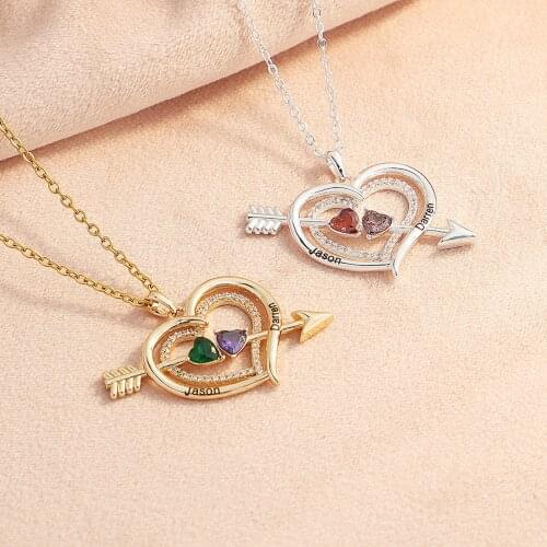 Womens Arrow Pierced Heart Shaped Necklace And Personalized 2 Birthstones Engraved 2 Name Pendant For Female Statement Jewelry