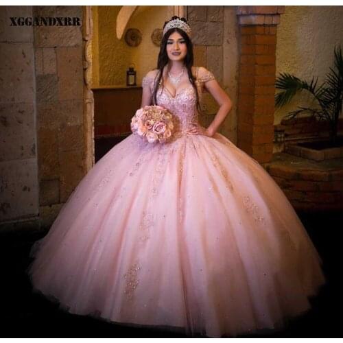 Beautiful Ball Gown Quinceanera Dress 2022 Tulle Appliques Sequined Long Skirt Sleeveless 15 Year Pink Dresses Or Custom Made